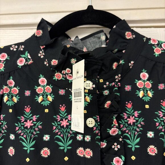 NWT Ann Taylor Womens Top Ruffle Floral Boho Feminine Cottage Whimsigoth Black L - Picture 4 of 8